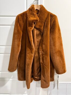 Calvin Klein NWT Faux Fur Coat Medium Camel Hook Clasp Lined $250 Retail